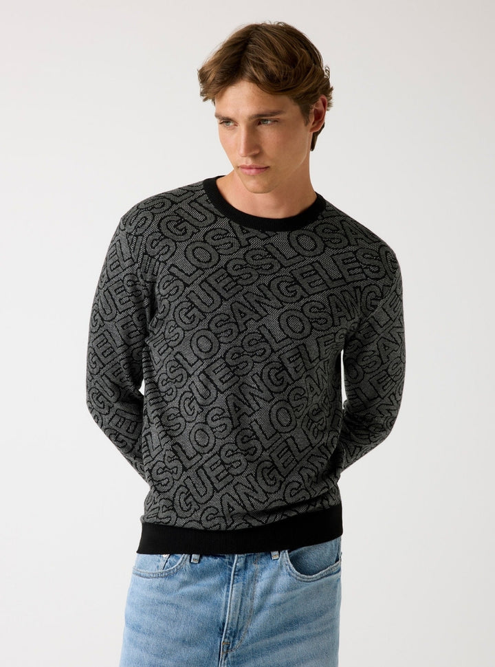 GUESS Mens Black Jarrod All-Over Jacquard Sweater M5BR11Z0442 Front View