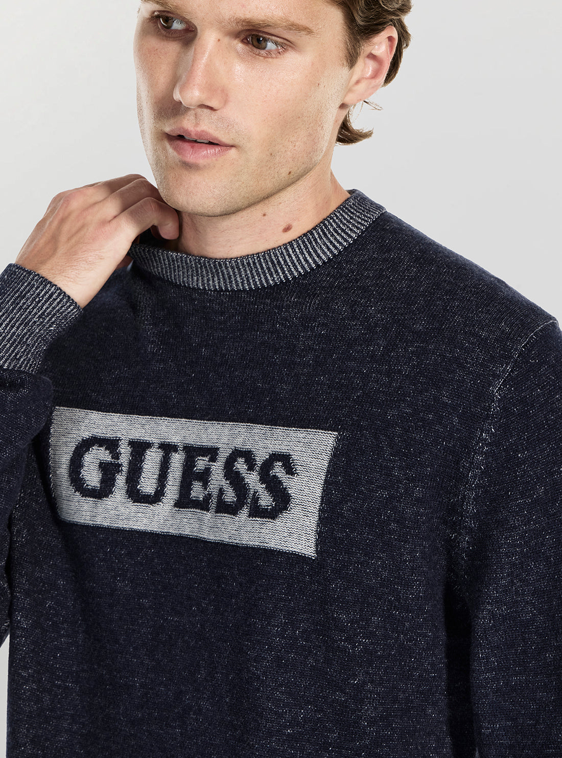 GUESS Mens Blue Jack Cotton Box Logo Sweater M5BR28Z0531 Detail View