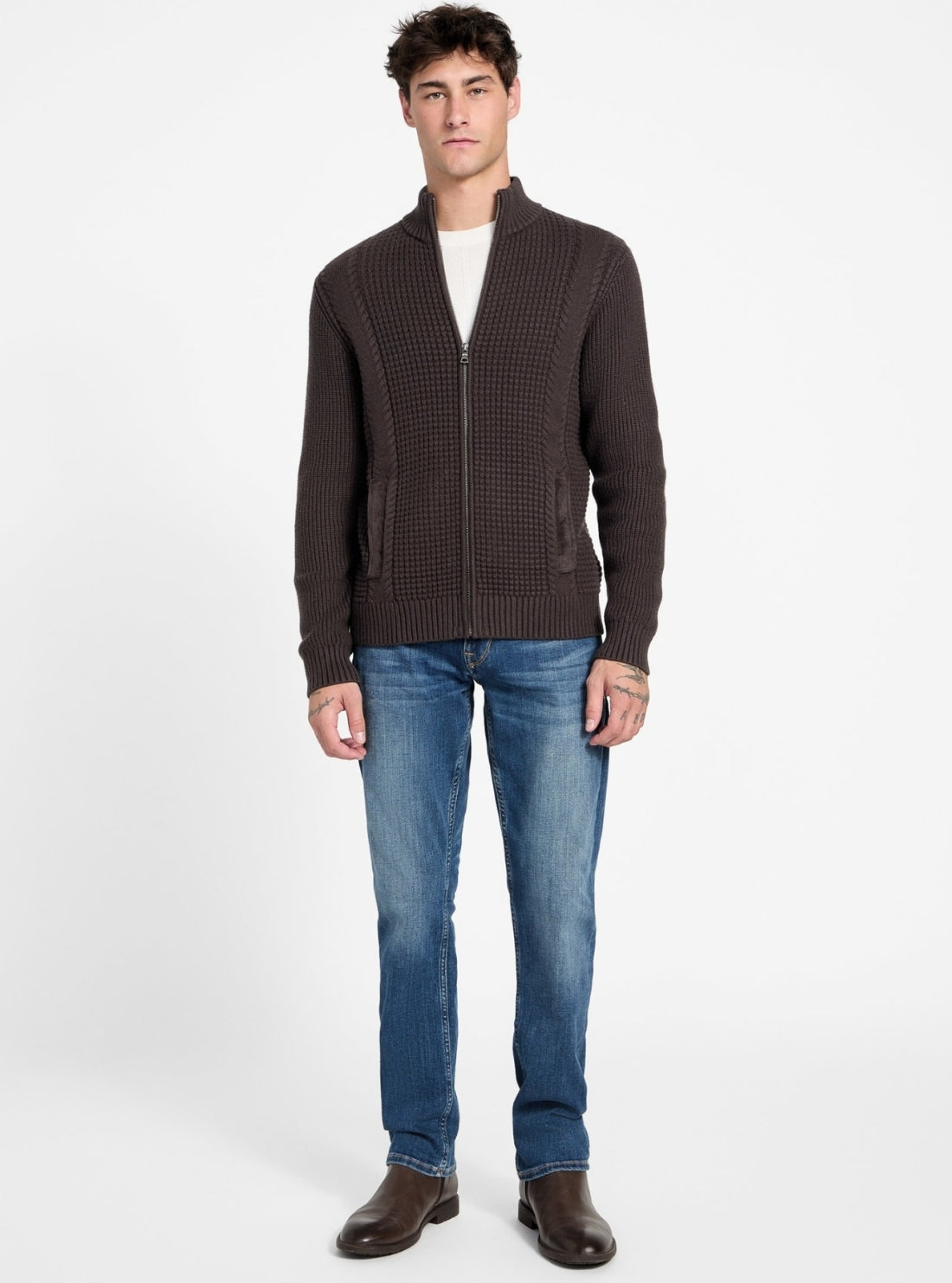 GUESS Mens Eco Brown Ryder Waffle-Knit Cardigan M5BR40Z2ZK2 Full View