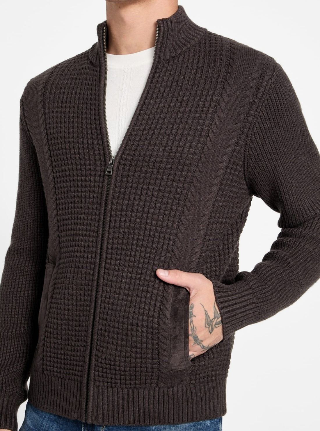 GUESS Mens Eco Brown Ryder Waffle-Knit Cardigan M5BR40Z2ZK2 Detail View