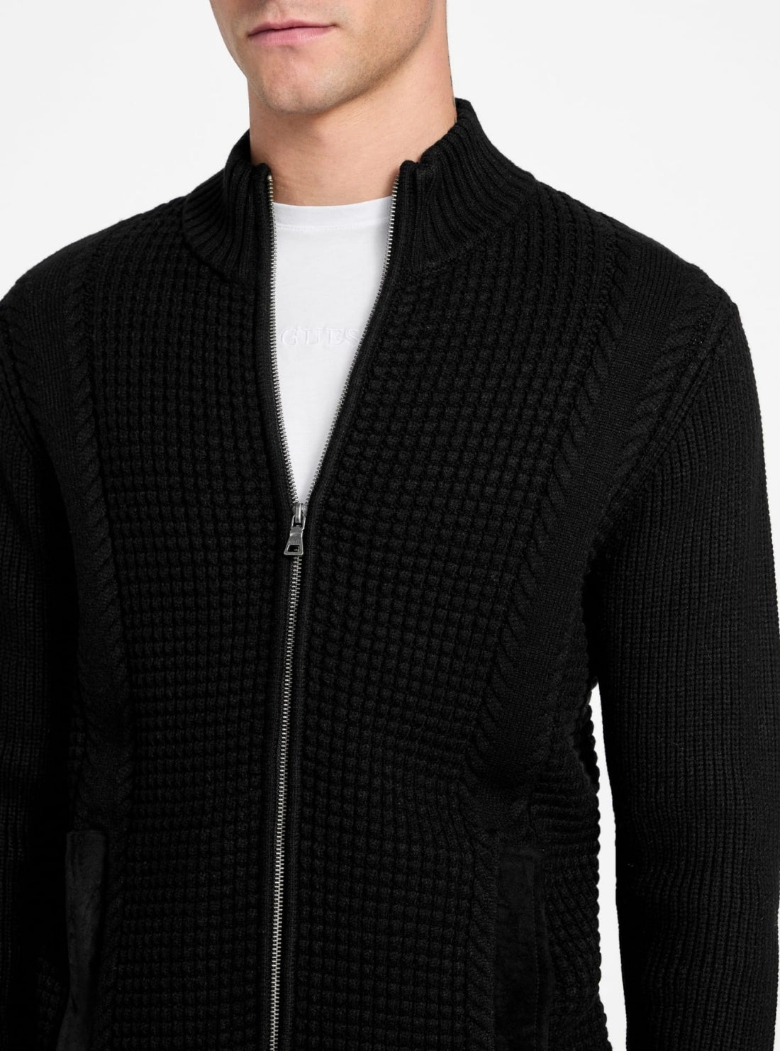 GUESS Mens Eco Black Ryder Waffle-Knit Cardigan M5BR40Z2ZK2 Detail View