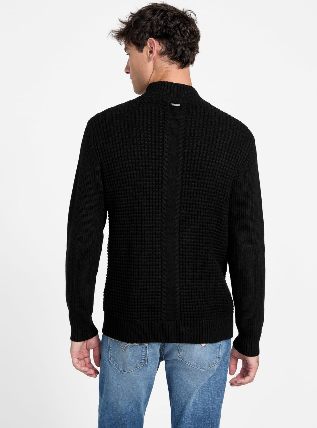 GUESS Mens Eco Black Ryder Waffle-Knit Cardigan M5BR40Z2ZK2 Back View