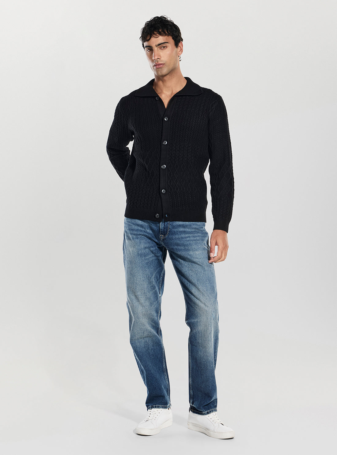 GUESS Mens Black Myles Patchwork Cable Cardigan M5BR43Z2ZK2 Full View