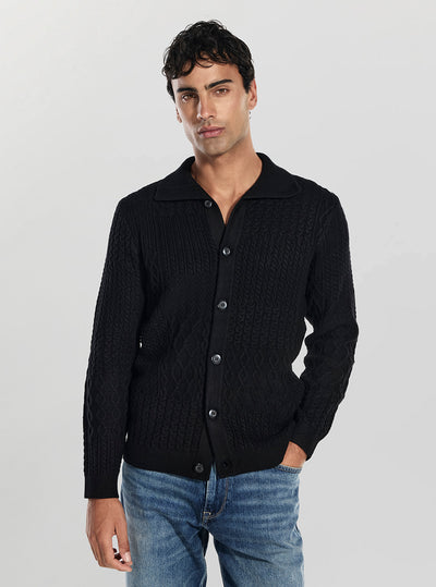 GUESS Mens Black Myles Patchwork Cable Cardigan M5BR43Z2ZK2 Front View