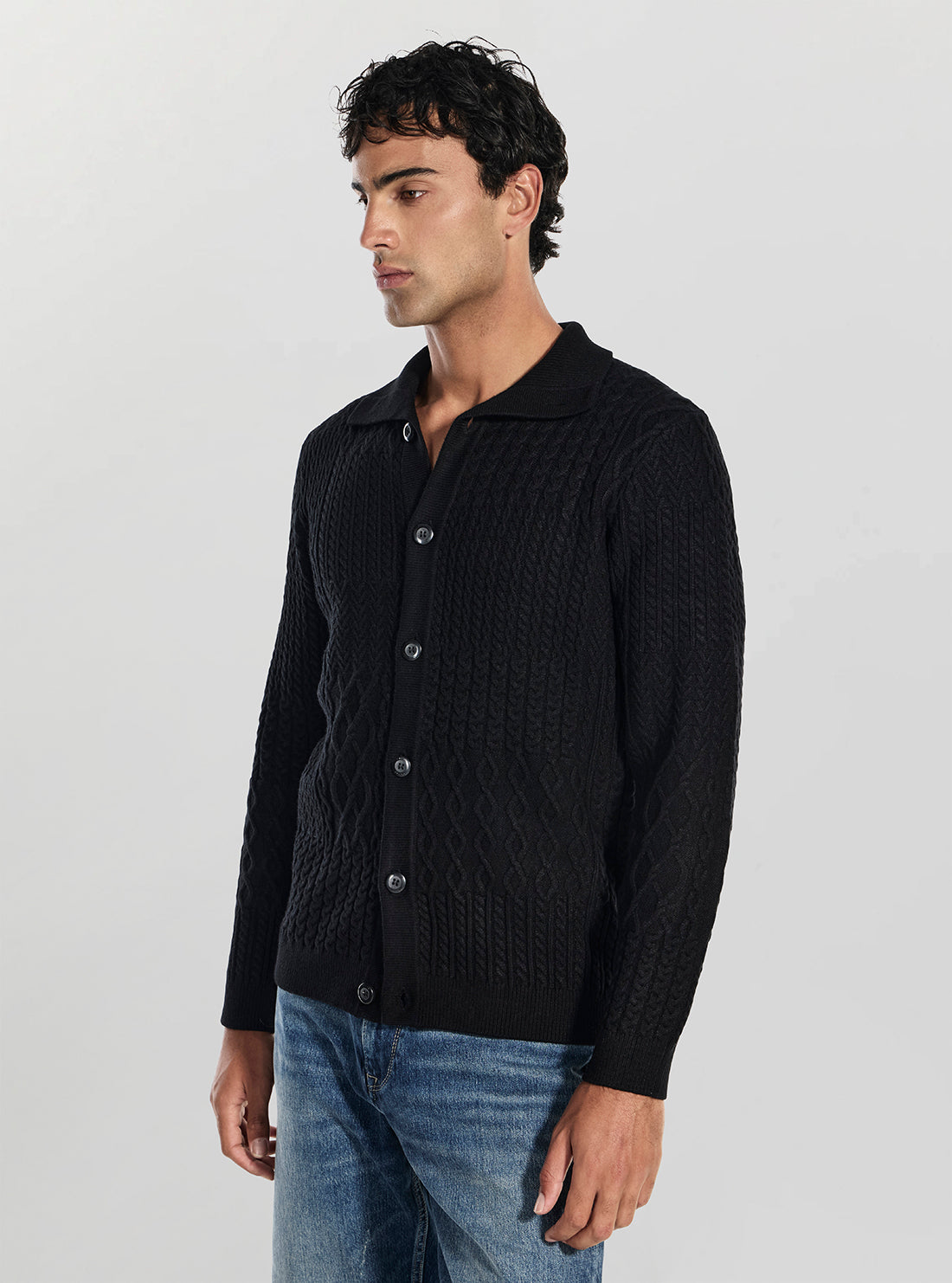 GUESS Mens Black Myles Patchwork Cable Cardigan M5BR43Z2ZK2 Side View