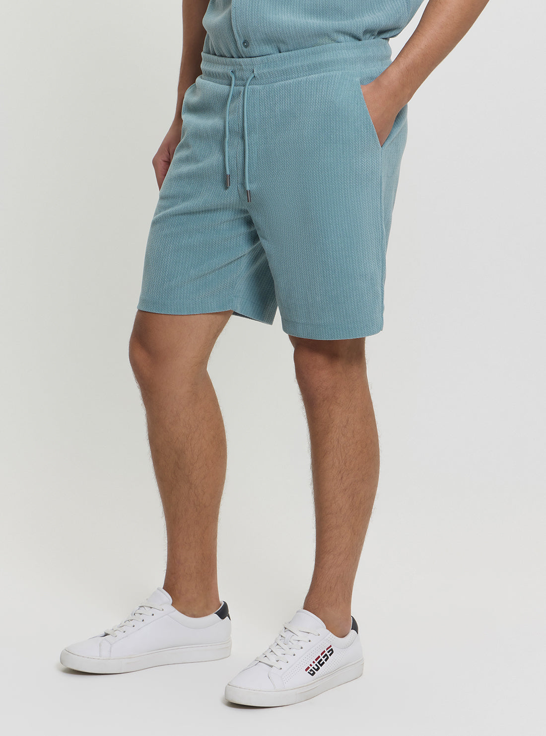 GUESS Mens Blue Baron Textured Knitted Shorts M5GD41KCRY0 Front View