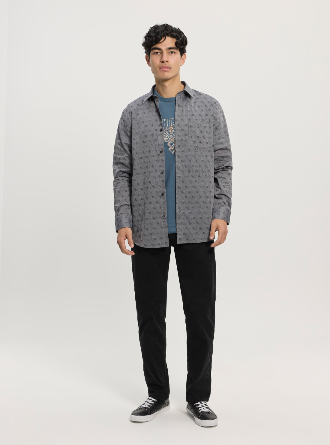 GUESS Mens Blue Logo Jacquard Long Sleeve Shirt M5GH65WFXX1 Full View_2