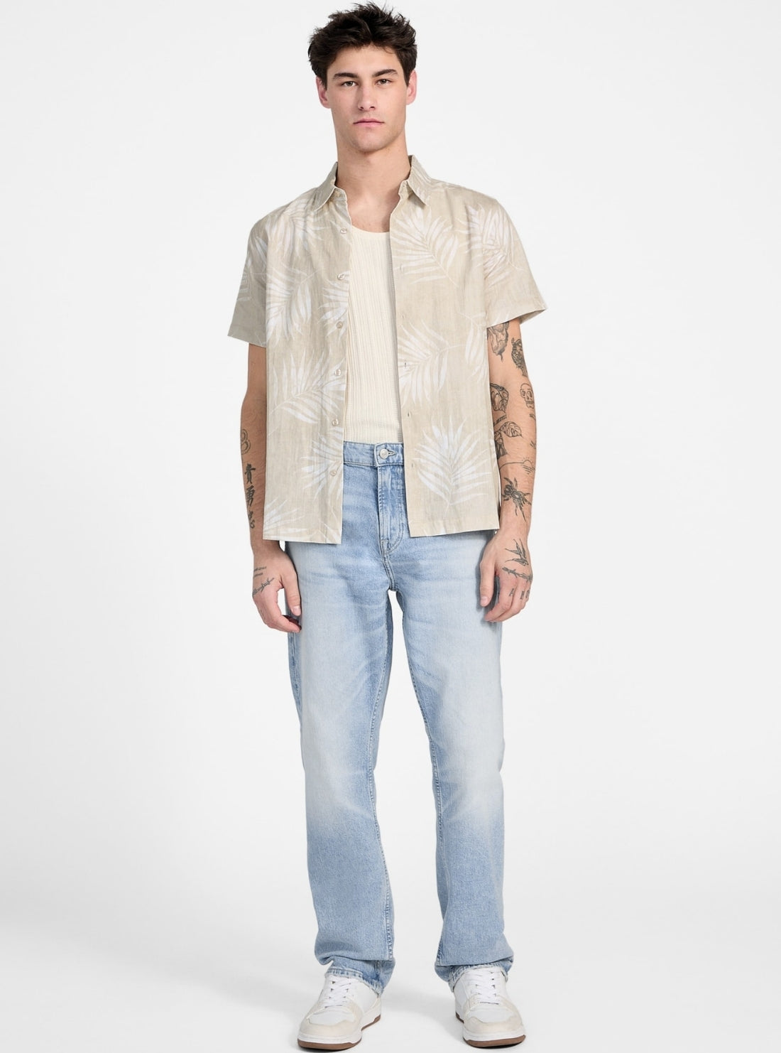 GUESS Mens Beige Textured Palm Shirt M5GH68WH3A0 Full View