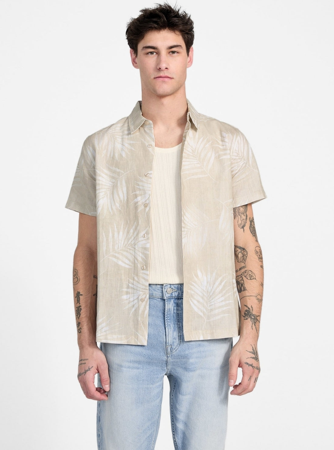GUESS Mens Beige Textured Palm Shirt M5GH68WH3A0 Front View