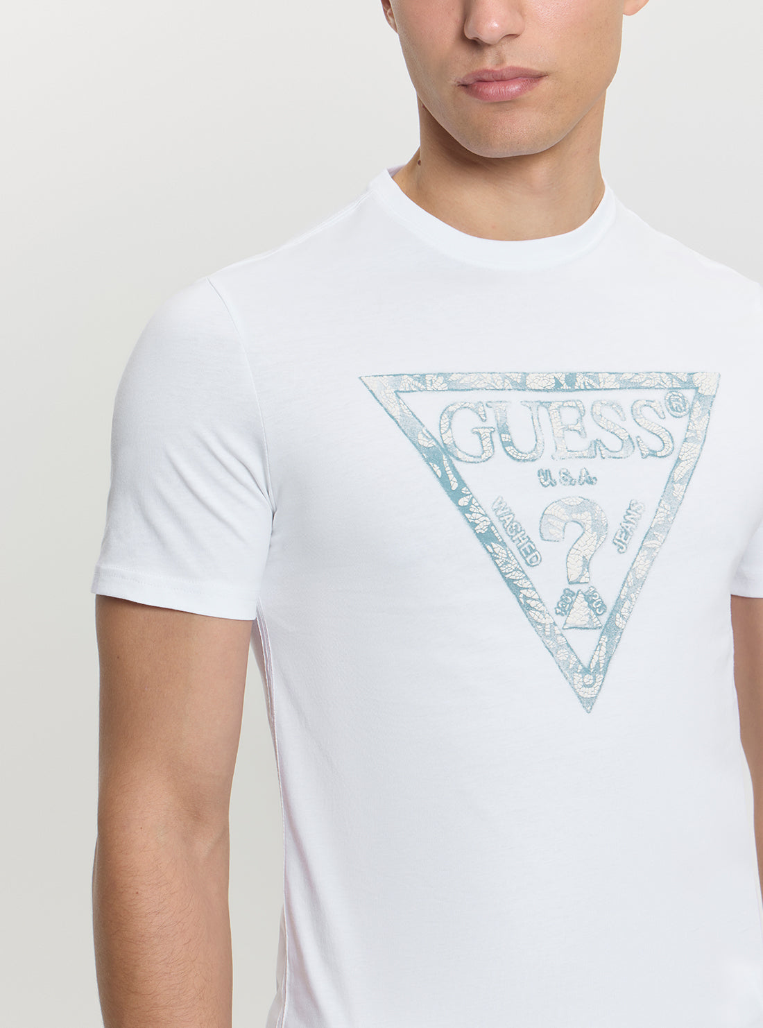 GUESS Mens White Logo Triangle Tee M5GI06I3Z14 Detail View
