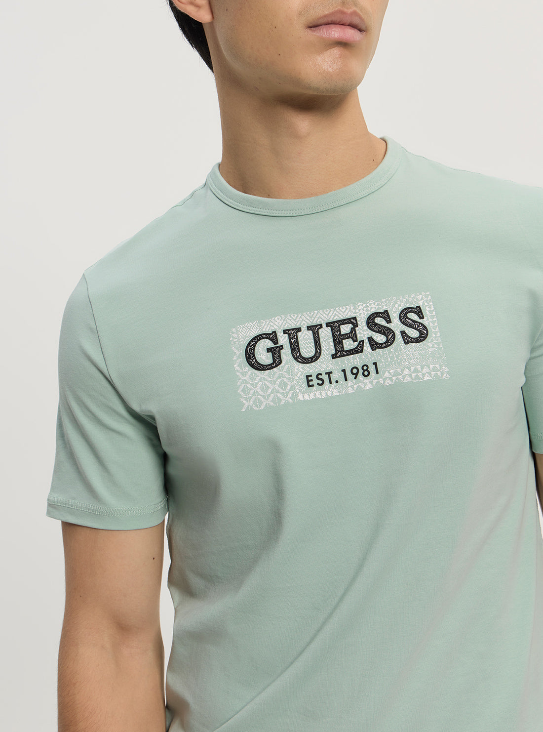 GUESS Mens Green Front Box Logo T-Shirt M5GI19J1314 Detail View