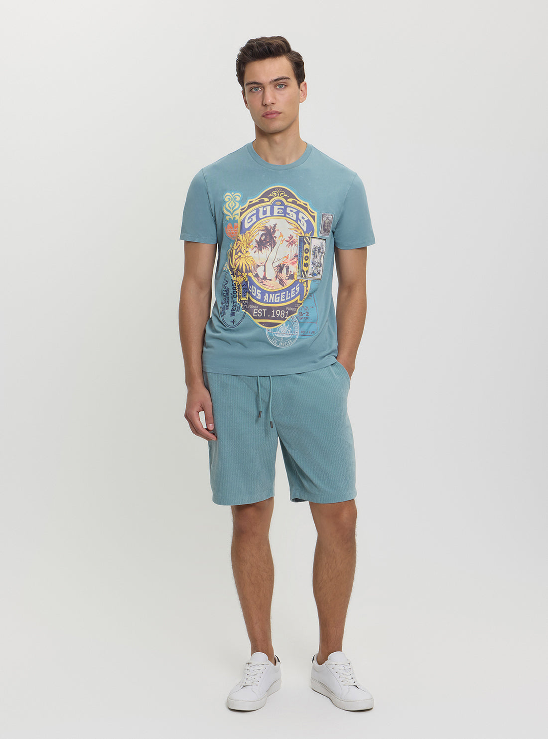 GUESS Mens Blue Multi World Stamp Basic T-Shirt M5GI38KBW41 Full View