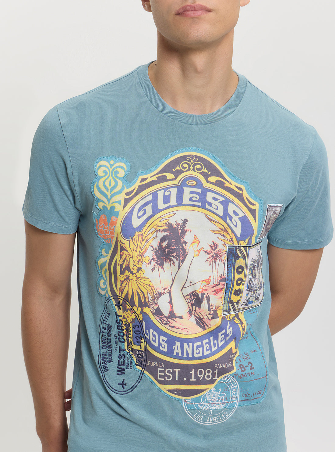 GUESS Mens Blue Multi World Stamp Basic T-Shirt M5GI38KBW41 Detail View