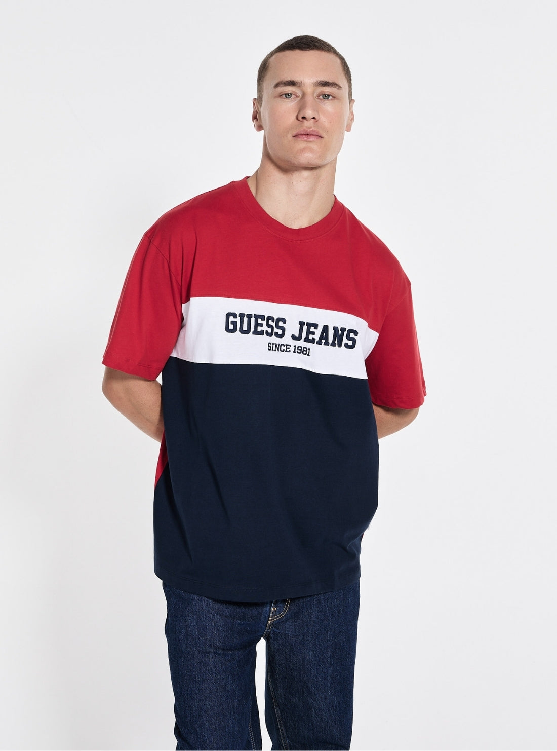 Guess Jeans Blue Oversized Horizontal Striped T-Shirt M5GI45K8FQ4 Front View