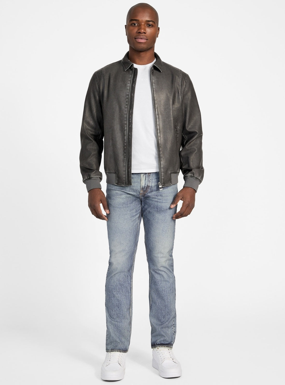 GUESS Mens Black Faux-Leather Aviator Bomber Jacket M5GL25WH730 Full View