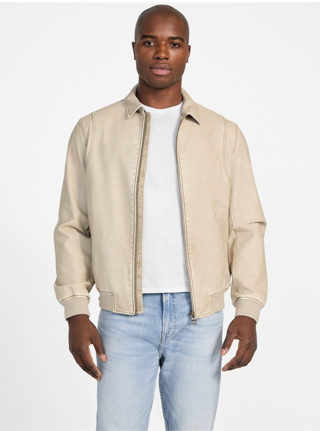 GUESS Mens Beige Faux-Leather Aviator Bomber Jacket M5GL25WH730 Front View