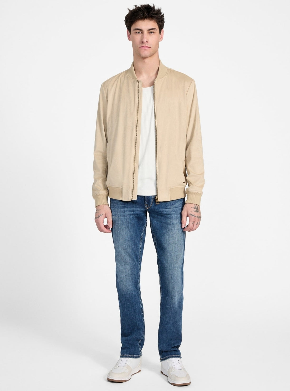 GUESS Mens Eco Beige Faux-Suede Flight Jacket M5GL27WH752 Full View