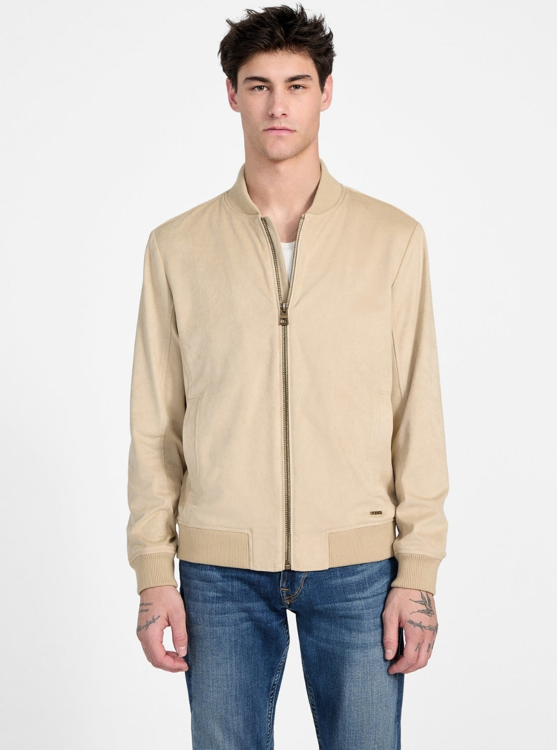 GUESS Mens Eco Beige Faux-Suede Flight Jacket M5GL27WH752 Front View_2