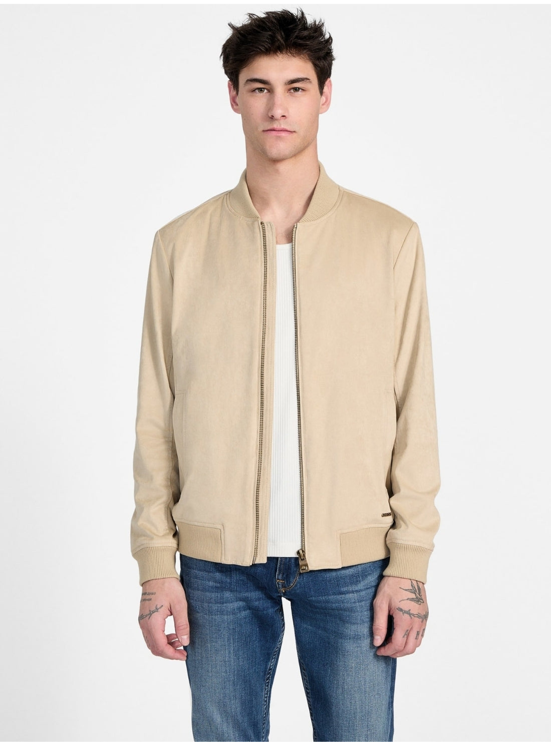 GUESS Mens Eco Beige Faux-Suede Flight Jacket M5GL27WH752 Front View