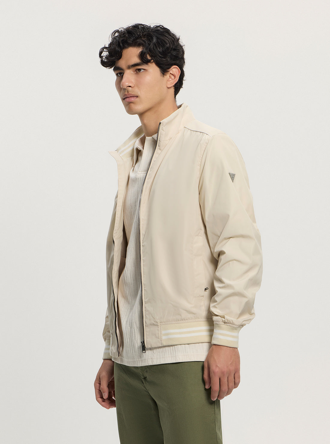 GUESS Mens Eco Beige Urban Satin Bomber Jacket M5GL28WH762 Side View
