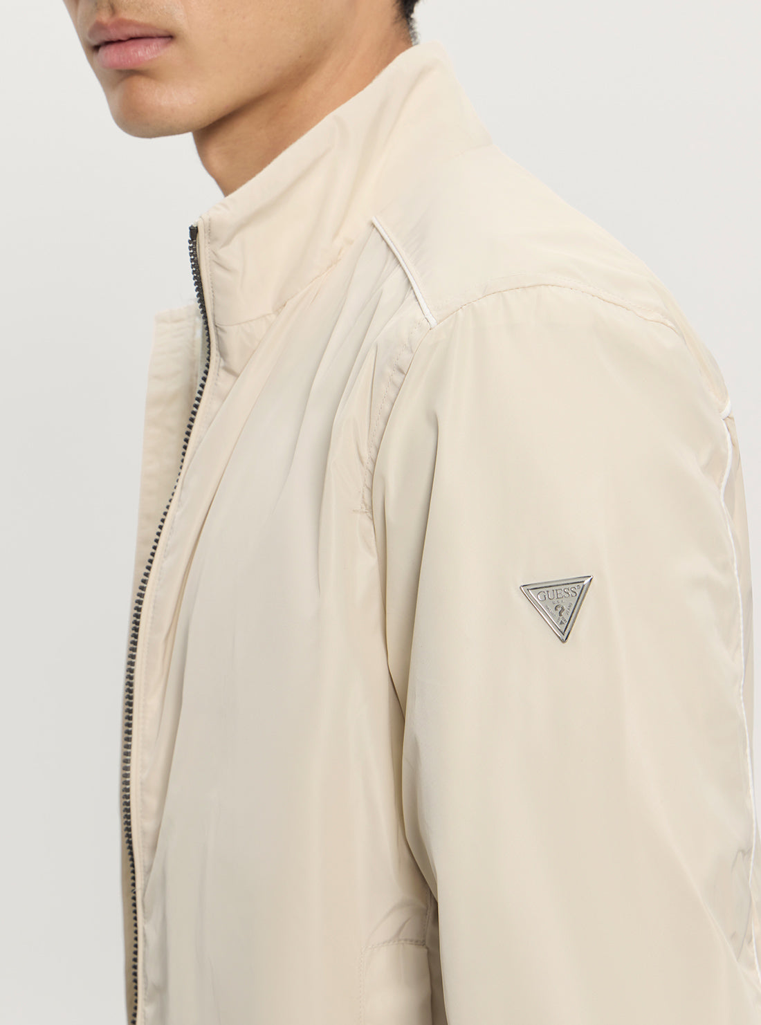 GUESS Mens Eco Beige Urban Satin Bomber Jacket M5GL28WH762 Detail View