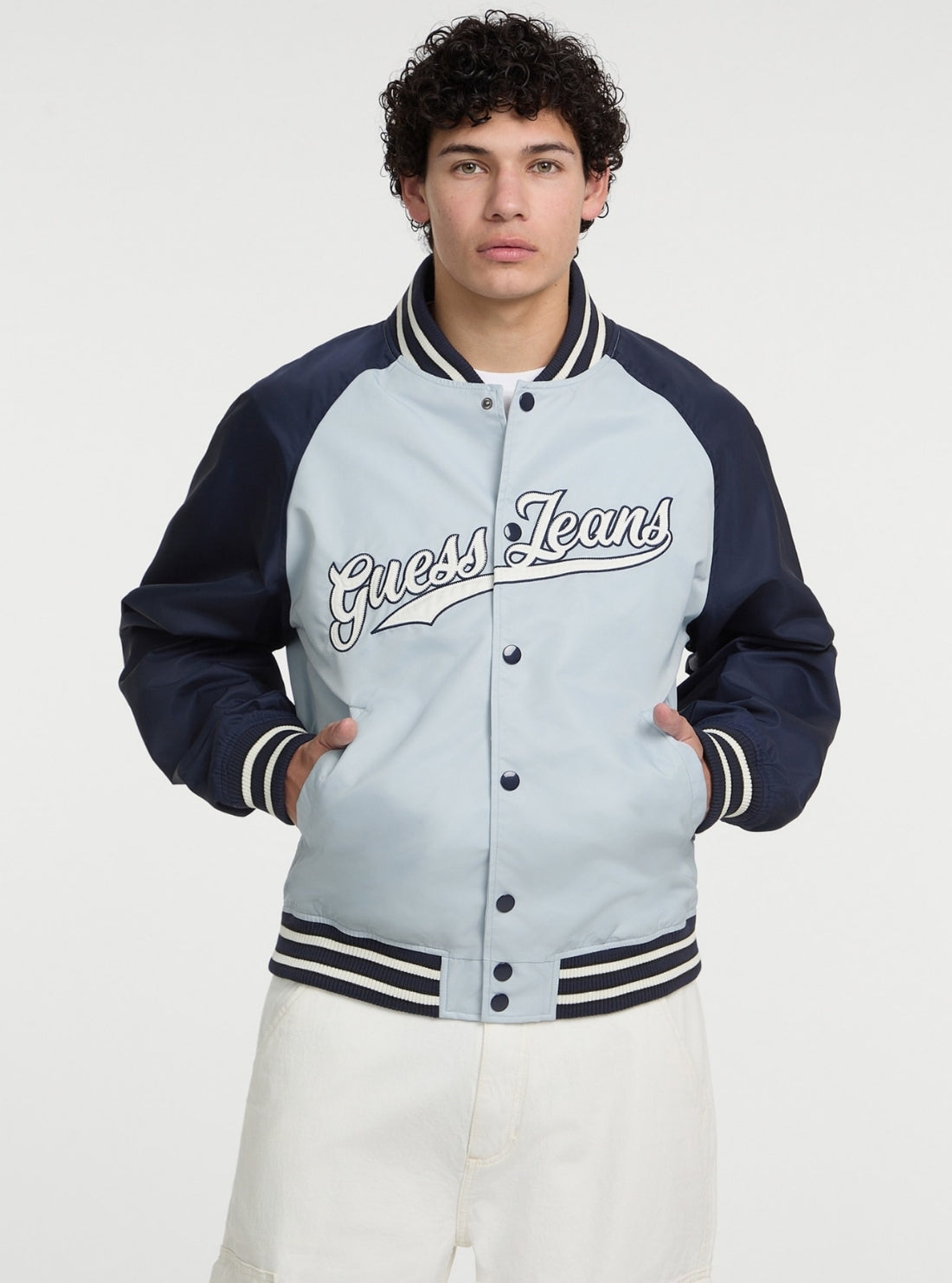 Guess Jeans Eco Blue Raglan Varsity Jacket M5GL32WHAA2 Front View_2