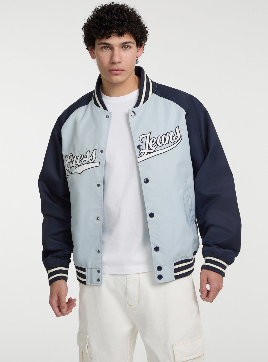 Guess Jeans Eco Blue Raglan Varsity Jacket M5GL32WHAA2 Front View