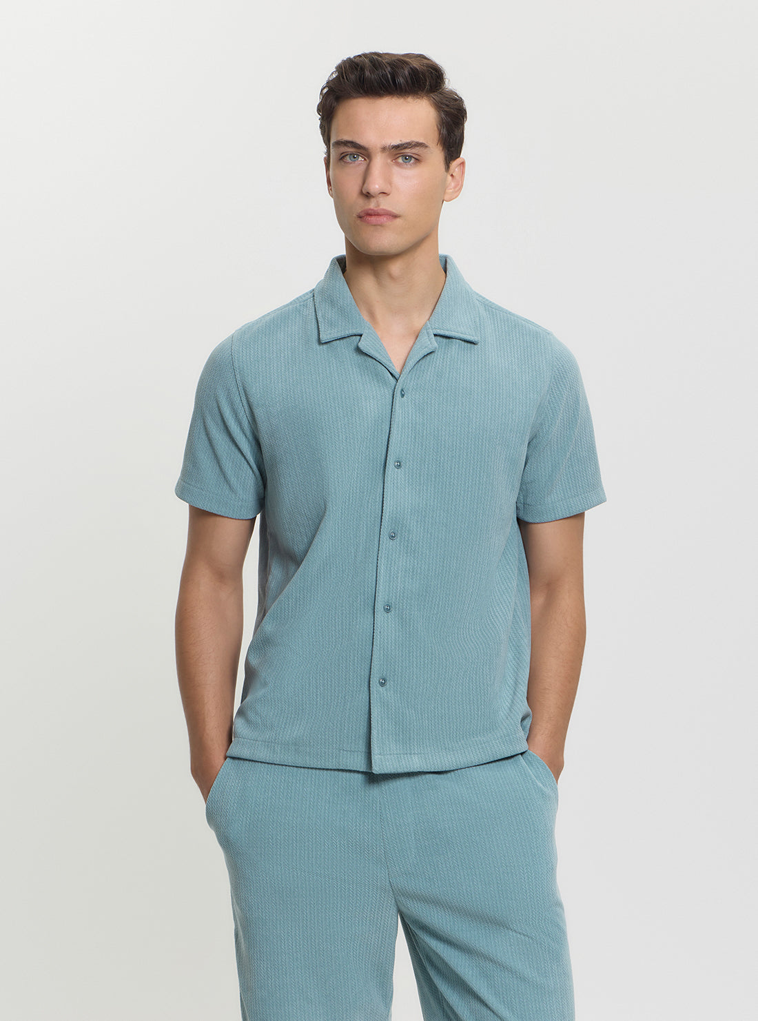GUESS Mens Eco Blue Baron Textured Knitted Shirt M5GP21KCRY0 Front View