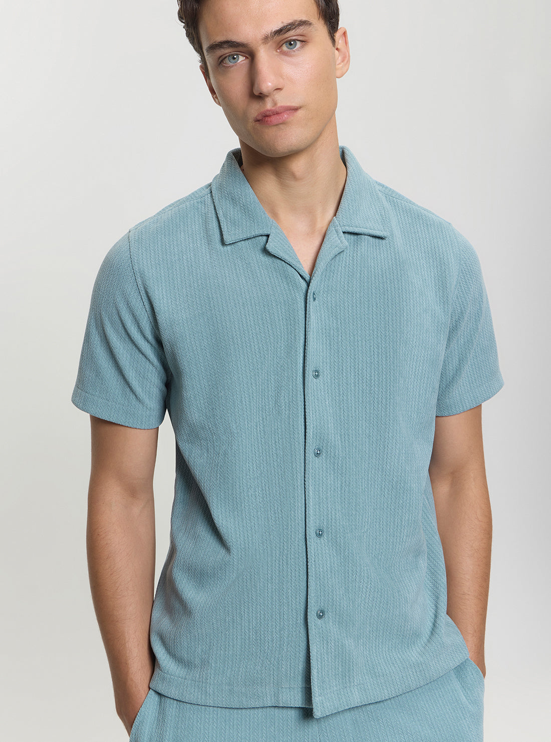 GUESS Mens Eco Blue Baron Textured Knitted Shirt M5GP21KCRY0 Detail View