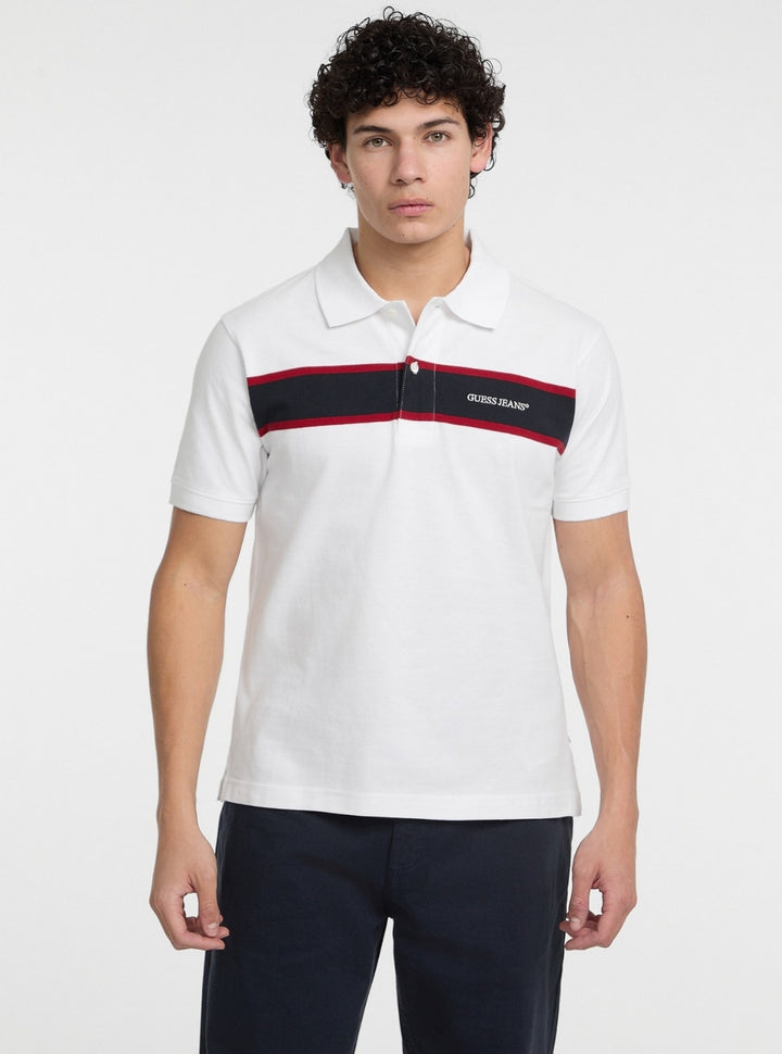 Guess Jeans White Striped Embroidered Polo Shirt M5GP29KCJV1 Front View