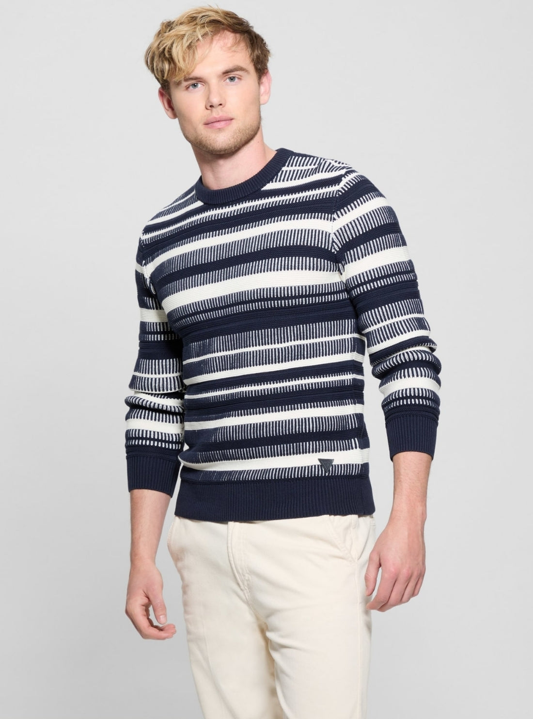 GUESS Mens Blue Grover Striped Stitch Sweater M5GR06Z3MI1 Front View