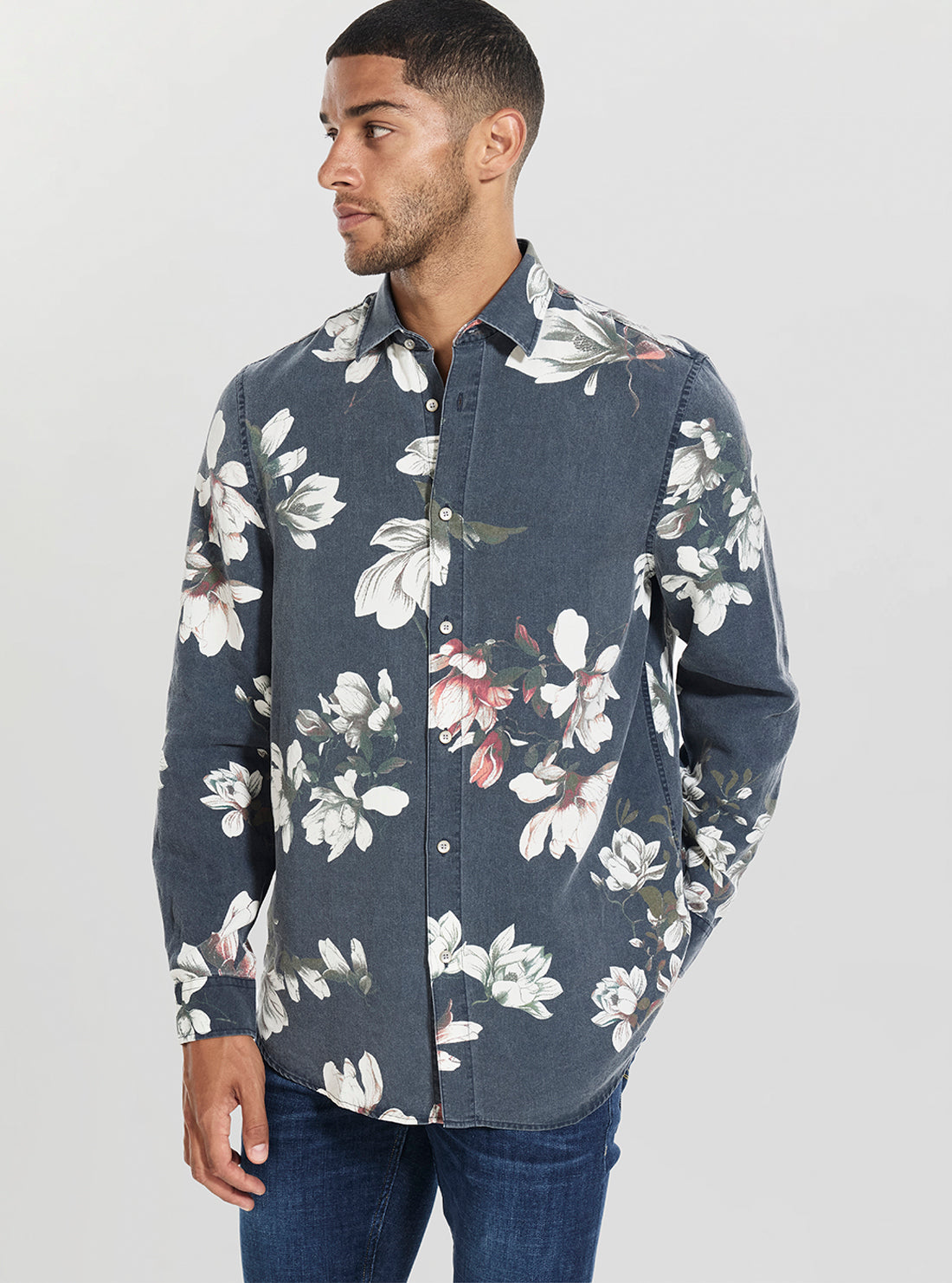 GUESS Mens Navy Floral Print Cotton Shirt M5YH40WH7Y2 Front View