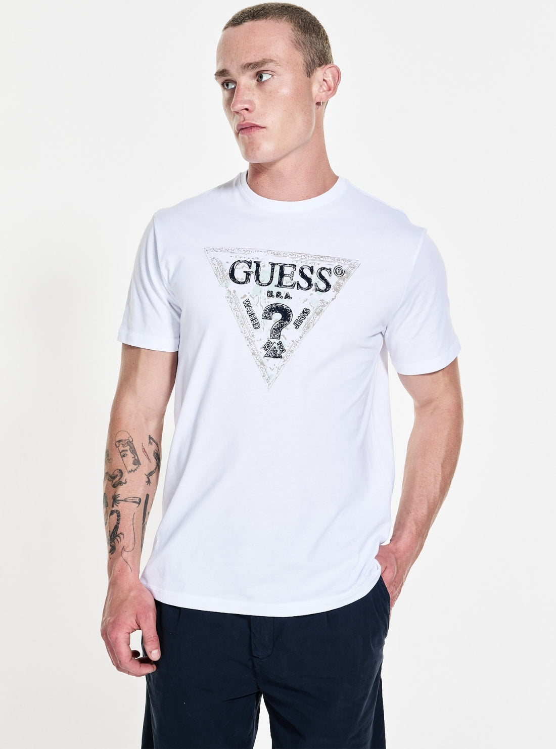 GUESS Mens White Guess Triangle T-Shirt M5YI15I3Z14 Front Side View