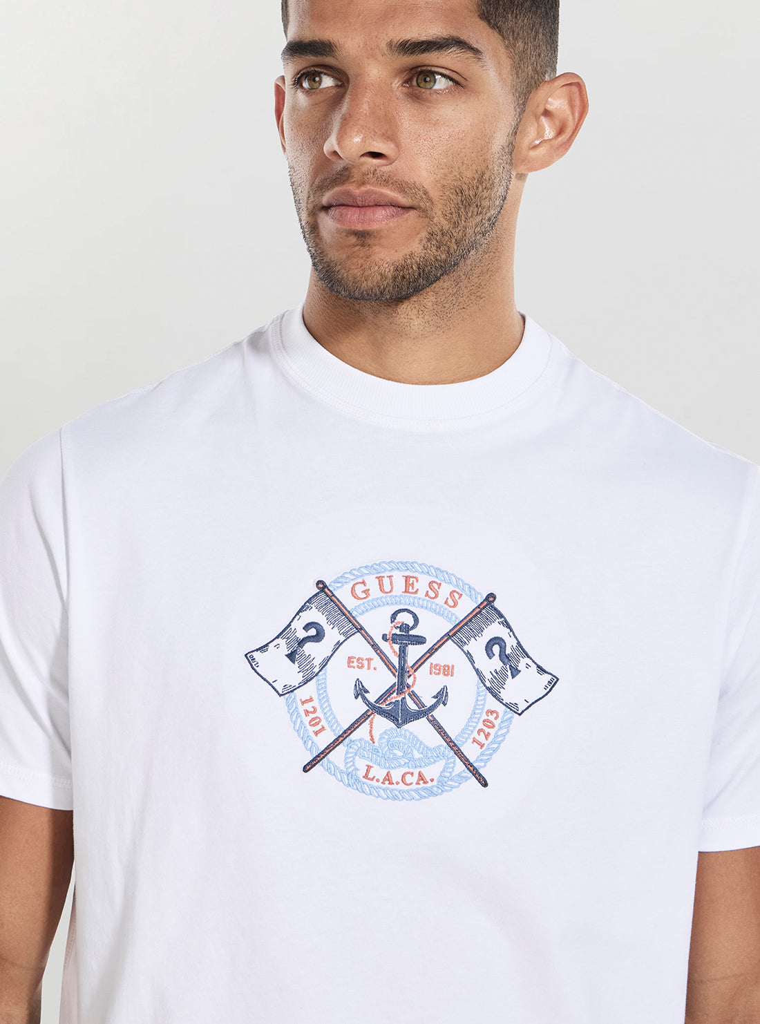 GUESS Mens White Marina Embroidery T-Shirt M5YI62K8FQ4 Detail View