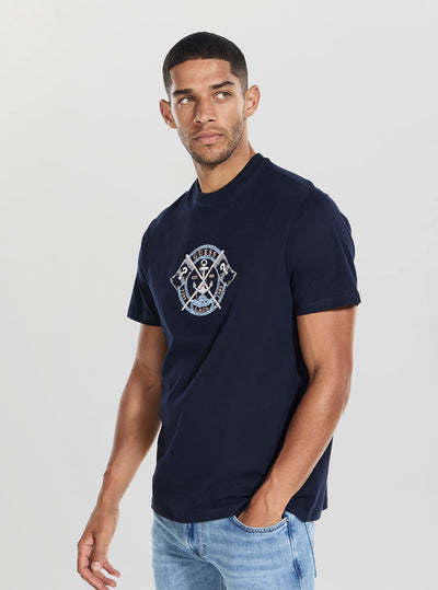 GUESS Mens Blue Marina Embroidery T-Shirt M5YI62K8FQ4 Front View