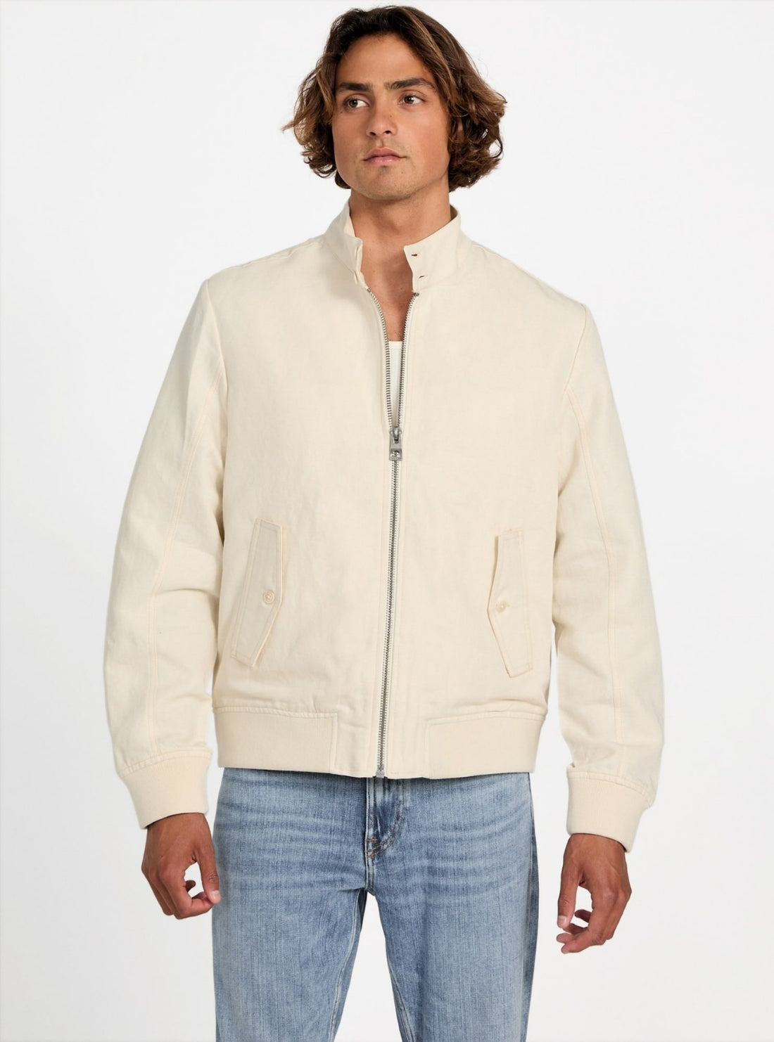 GUESS Mens Eco Beige Nolan Linen Harrington Jacket M5YL24WHC00 Front View
