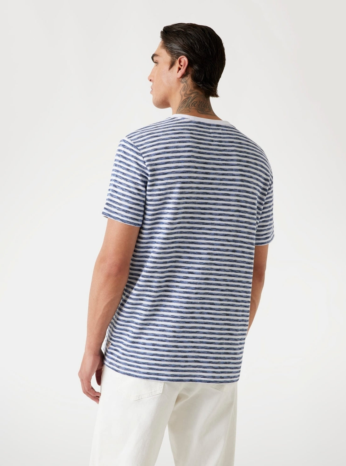 GUESS Mens Blue Baxter Stripe Crew T-Shirt M5YP11KCWU0 Back View