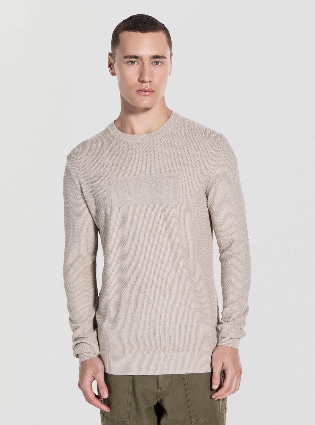 GUESS Mens Beige Harrison Stitch Logo T-Shirt M5YR02Z3FB1 Front View