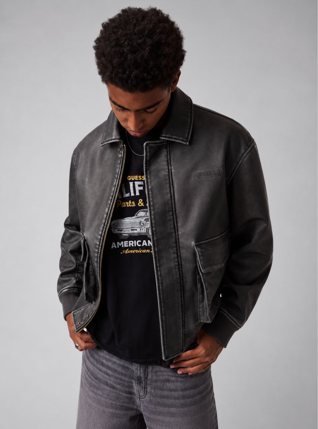 Guess Jeans Black Faux-Leather Jacket M6BL71K7176 Front View