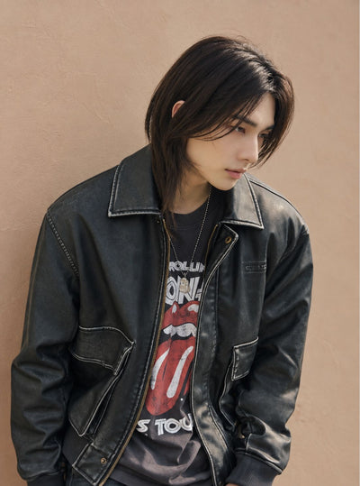 Guess Jeans Black Faux-Leather Jacket M6BL71K7176 Hyunjin Detail View