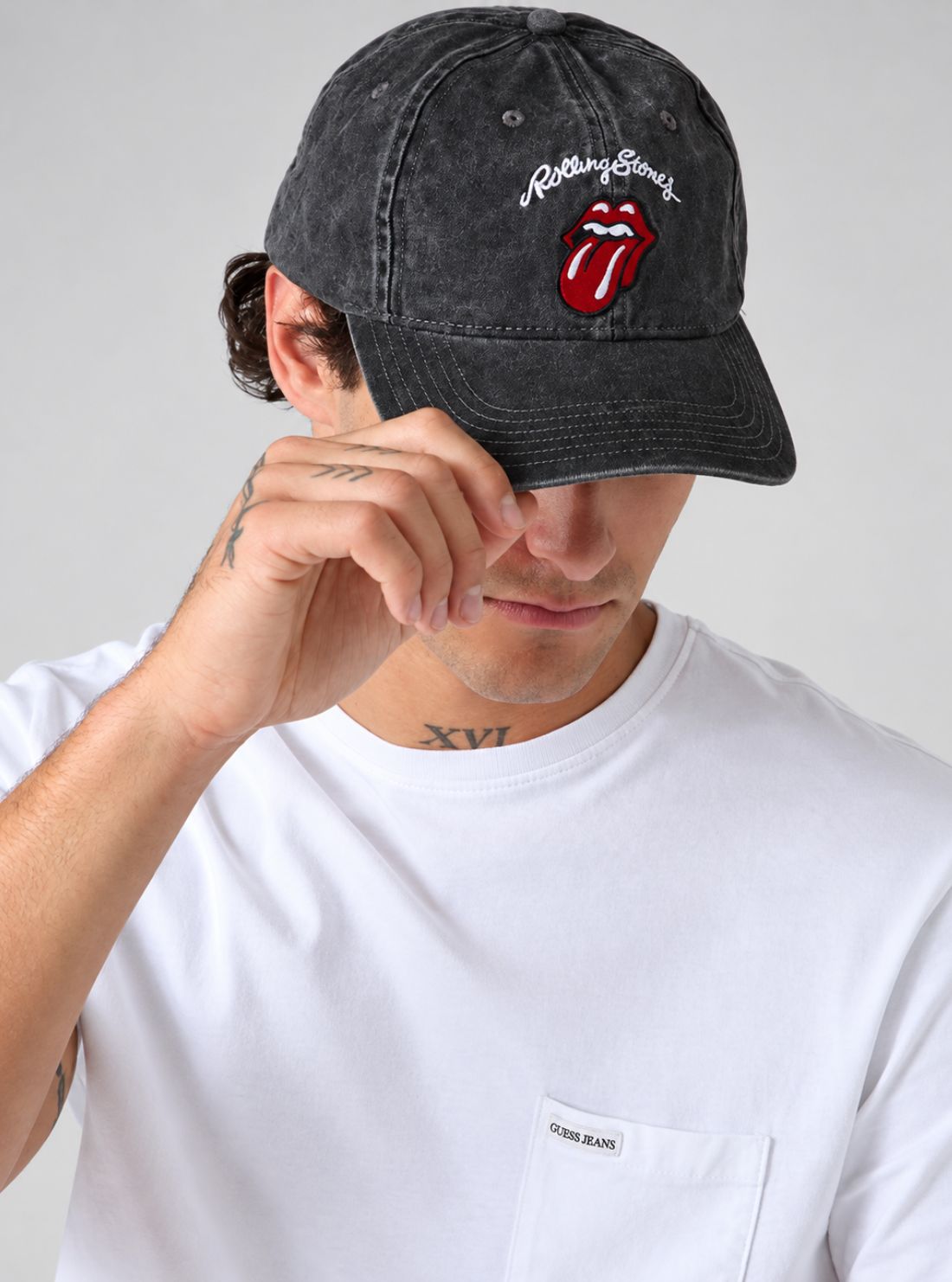 Guess Jeans Black Rolling Stones Baseball Cap M6BZ09W4009 Model View