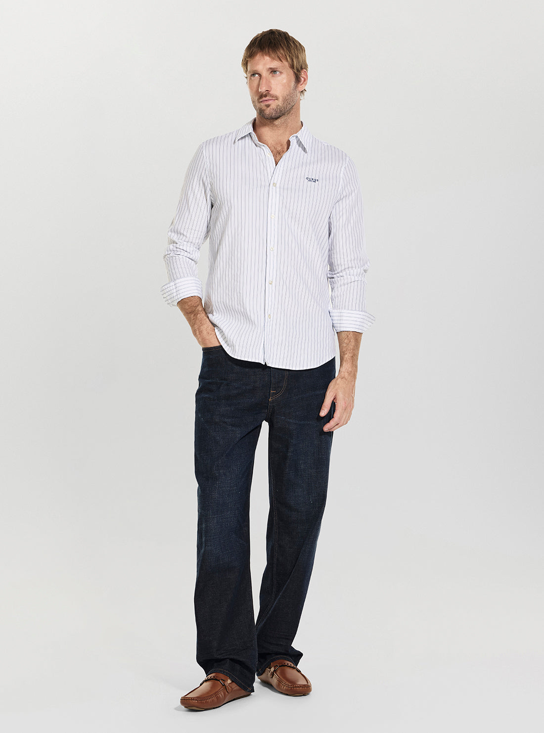 GUESS Mens White Jacquard Striped Shirt M6GH16W1711 Full View