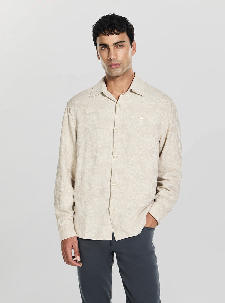 GUESS Mens Taupe Flower All Over Jacquard Overshirt M6GH24W1715 Front View