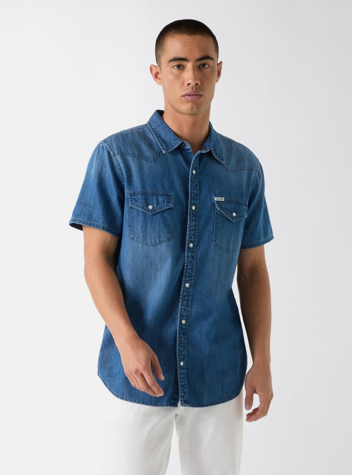 GUESS Mens Blue Western Denim Shirt M6GH87D1035 Front View