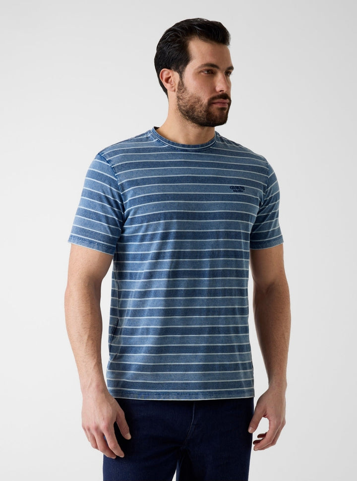 GUESS Mens Blue Striped Embroidered T-Shirt M6GI12K2993 Front View