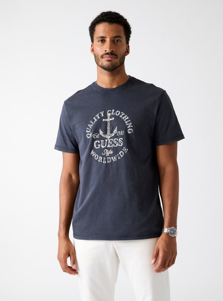 GUESS Mens Blue Guess Worldwide Marine T-Shirt M6GI43K3471 Front View