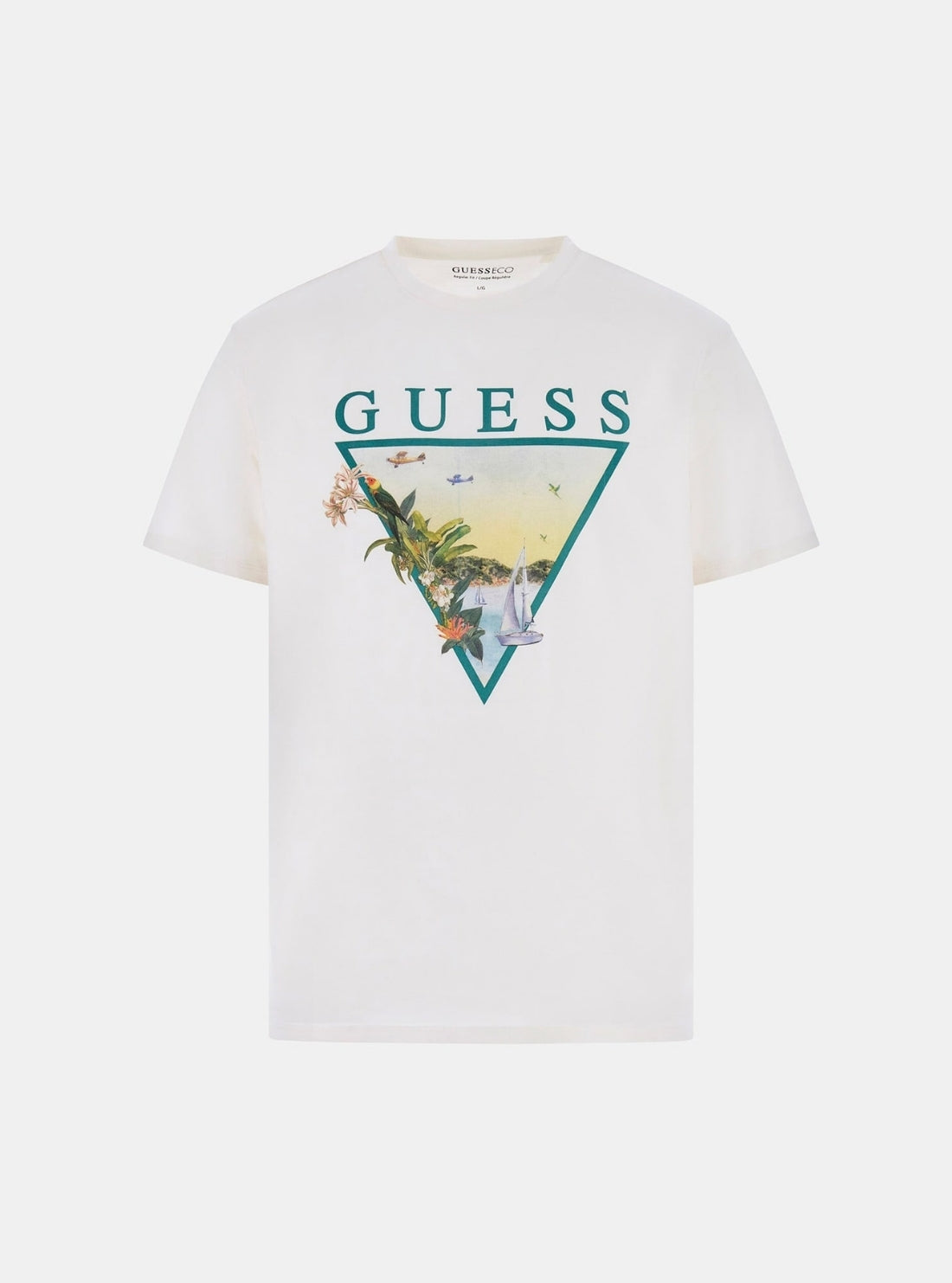 GUESS Mens White Sunset Graphic Logo T-Shirt M6GI49K3584 Flatlay