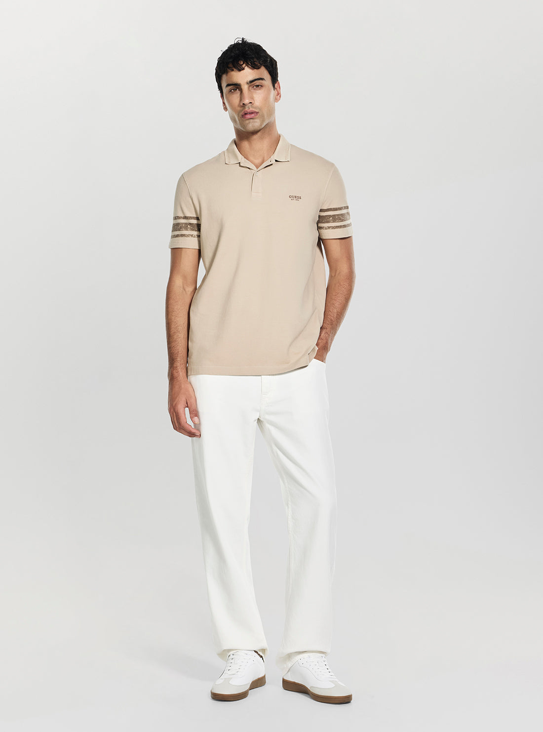 GUESS Mens Beige Washed Printed Polo Shirt M6GP03K3071 Full View