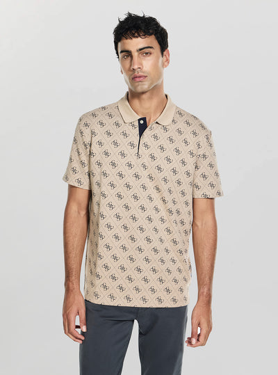 GUESS Mens Taupe All Over 4G Jacquard Polo Shirt M6GP04K3073 Front View