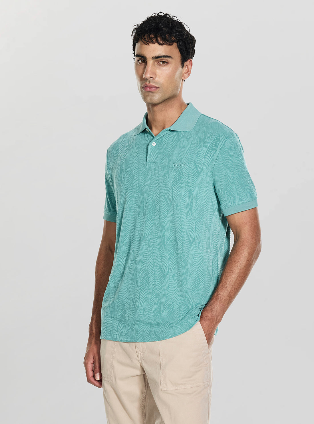 GUESS Mens Green Allover Foliage Jacquard Polo Shirt M6GP14K3082 Front View